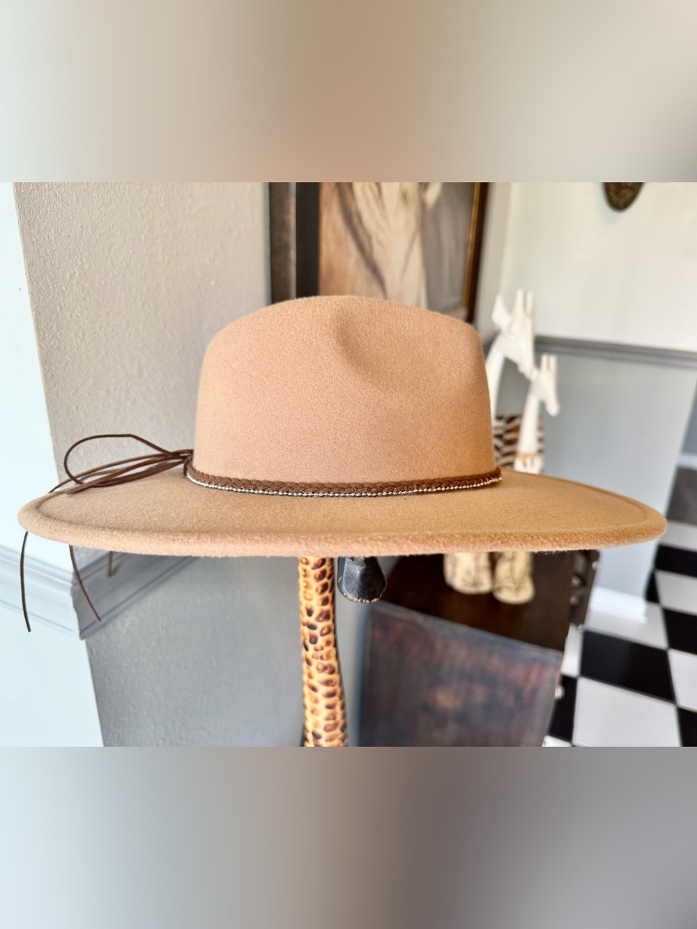 Macys Womens Beige Felt Ranch Hat with Braided Band